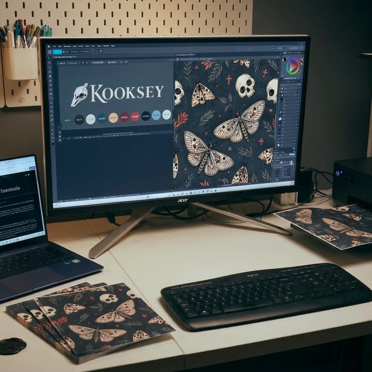 Kooksey Design station, monitor & laptop creating new designs