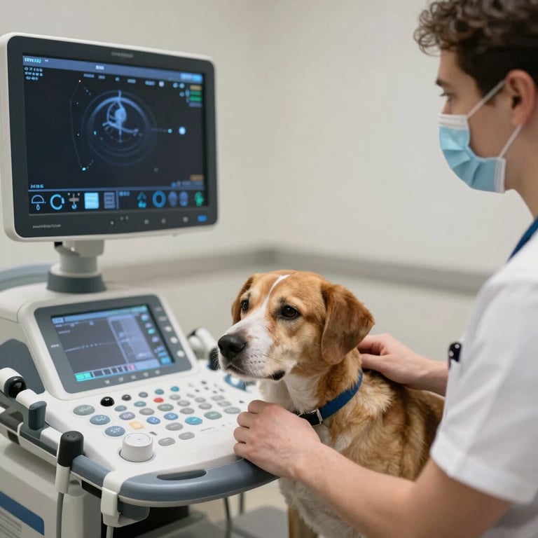 A vet technician using an ultrasound machine on a dog, focusing on the sophisticated diagnostic display.