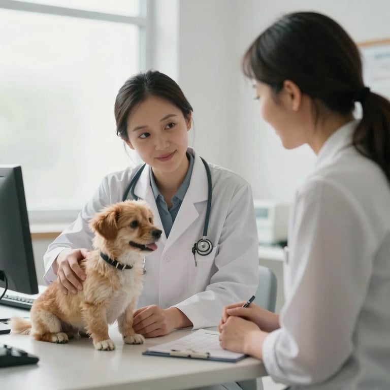 A compassionate interaction between a vet and a pet owner in a bright, light mist-colored consulting room.