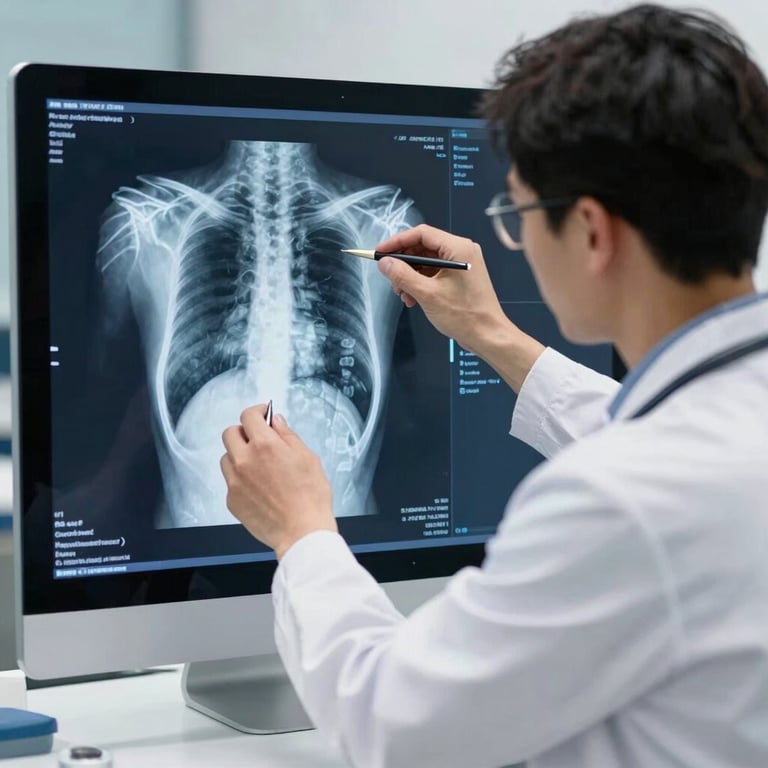 A veterinarian analyzing a digital X-ray on a high-resolution screen with clinical dark navy details.