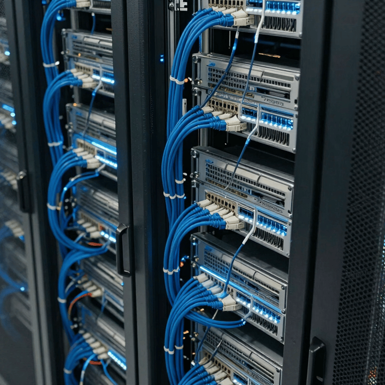 A collection of high-quality full copper coaxial cables and Cat7 ethernet cables neatly displayed in a professional setting in Mozambique.