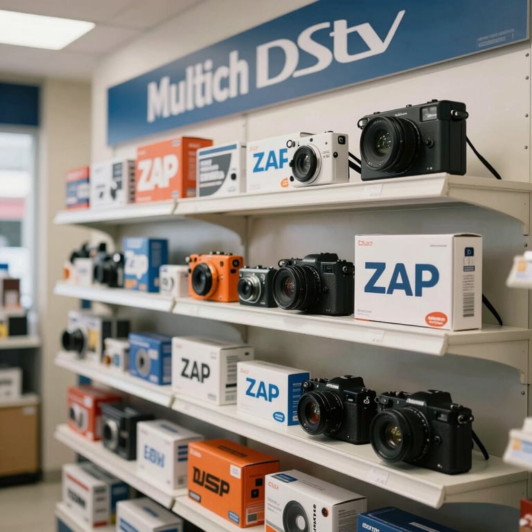 A display of Multichoice DStv and ZAP retail products in a clean, professional Mozambican showroom.