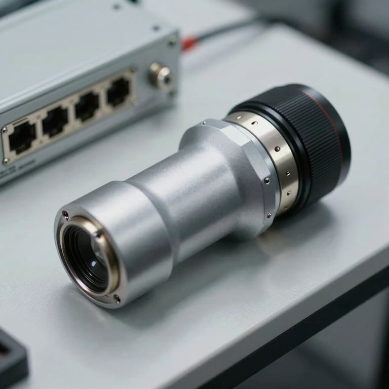 Close up of high-end LNBs and telecommunications networking equipment on a Mist White surface.