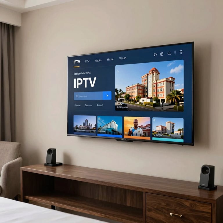 A hotel room interior in Mozambique featuring a large TV screen displaying a professional IPTV interface.