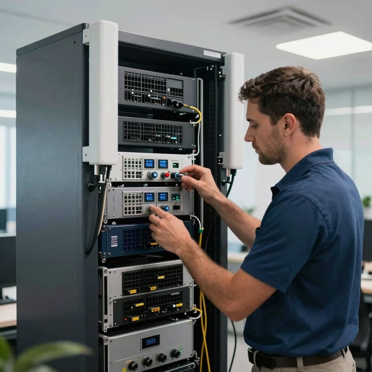 Technicians working on a complex telecommunications network rack in a bright, modern Mozambique office.