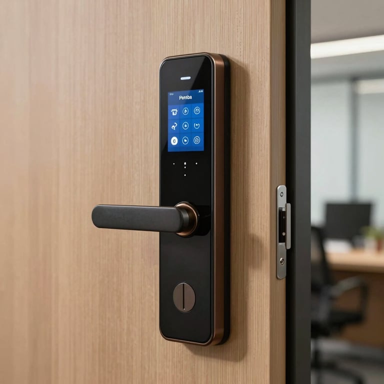 A smart door locking system with a sleek digital interface installed on a modern office door in Pemba.