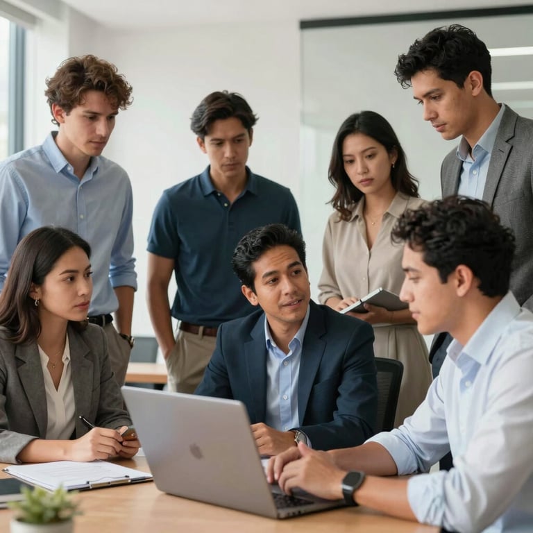 A group of diverse South American / Brazilian professionals in business casual attire collaborating in a clean, professional office setting.