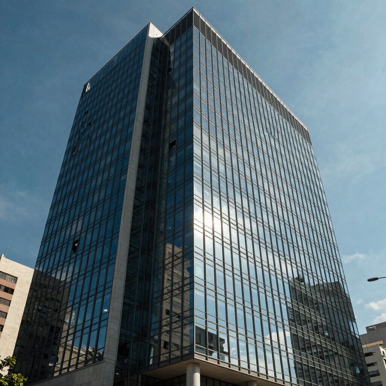 A modern office building in Governador Valadares with glass facades, reflecting a blue sky.