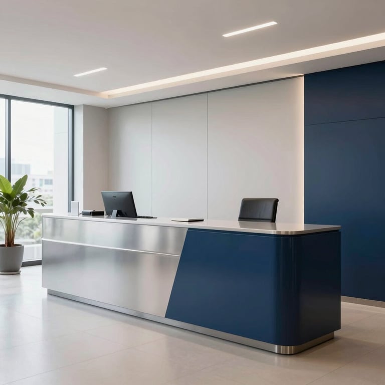 A bright and airy corporate reception area in Brazil with minimalist silver and navy blue decor.