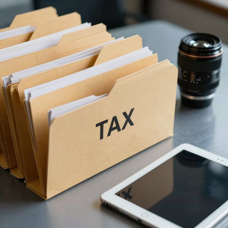 Organized tax folders and digital tablets on a steel blue desk surface.