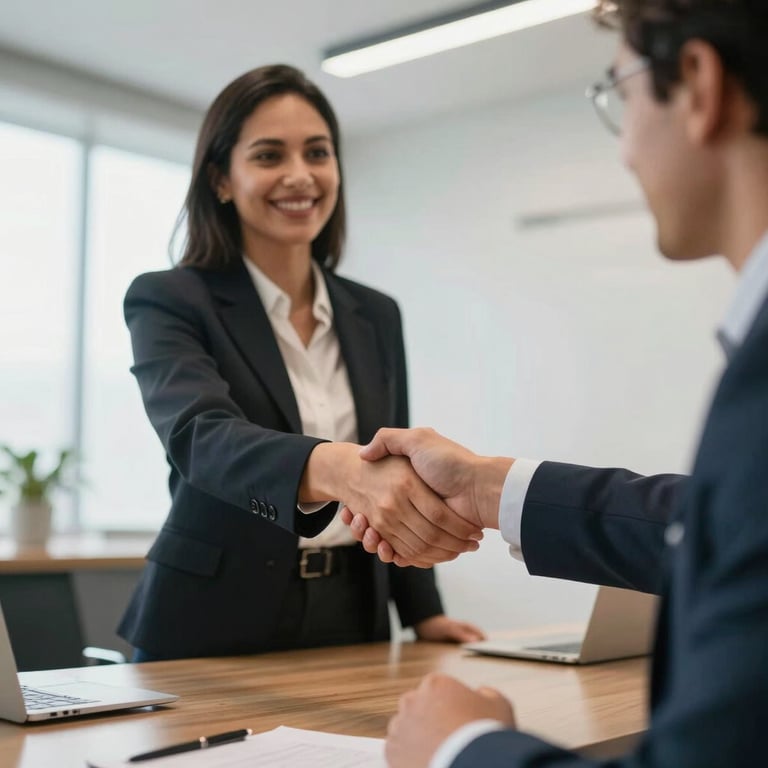 A close-up of a South American / Brazilian professional shaking hands with a client in a bright, modern meeting room.