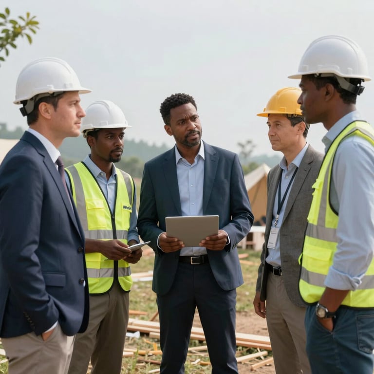 A group of diverse site managers in professional attire inspecting a camp installation.