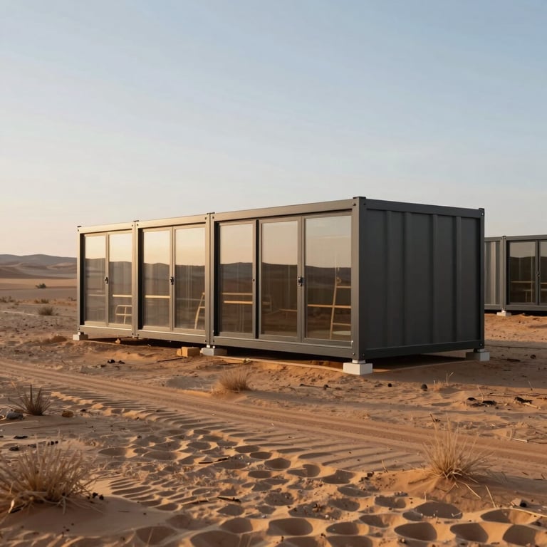 Modern modular labor accommodation units with efficient design in a desert landscape.