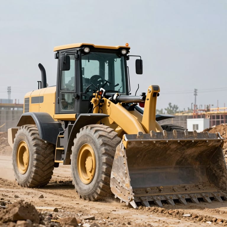 A heavy-duty wheel loader moving earth on a professional construction site.