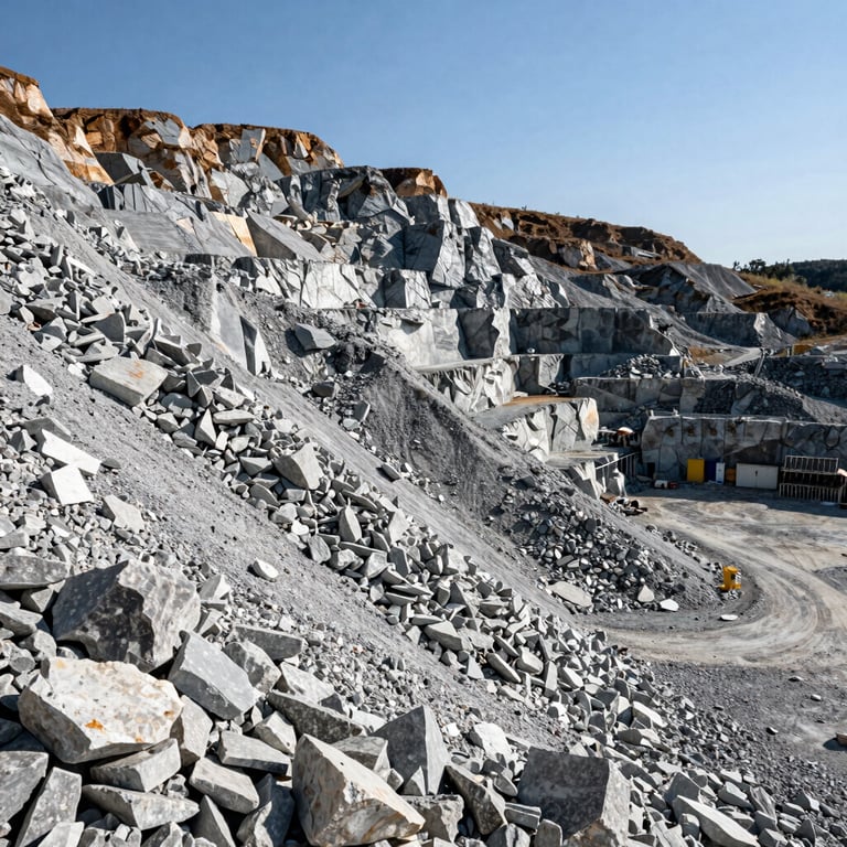 A mountain of high-quality stone aggregate at a local quarry site under a bright sun.