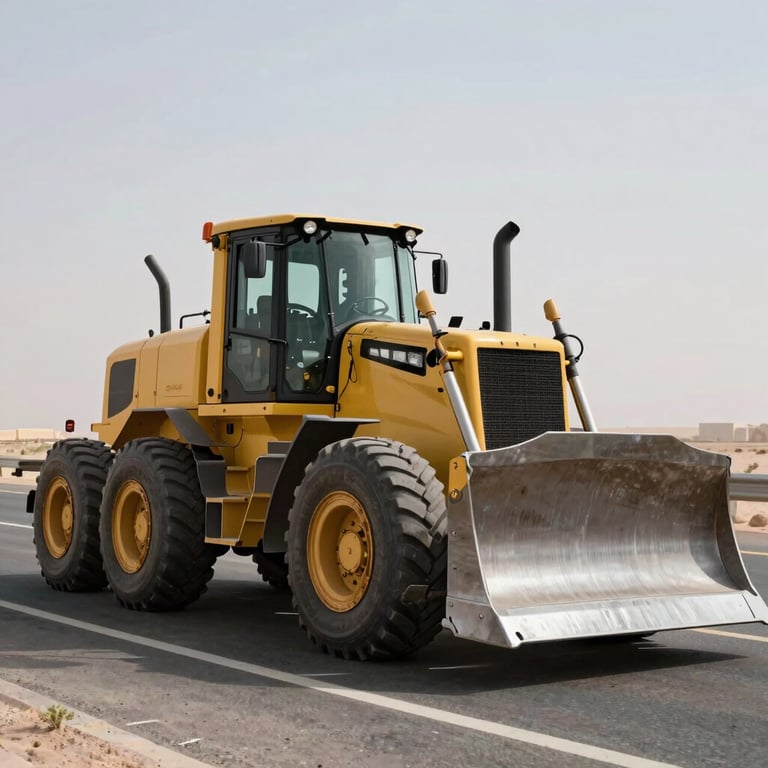 A low-bed trailer transporting a large bulldozer on a highway through the UAE.