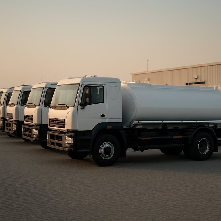 A fleet of white water tankers parked at a distribution center in the Middle Eastern / Gulf region.