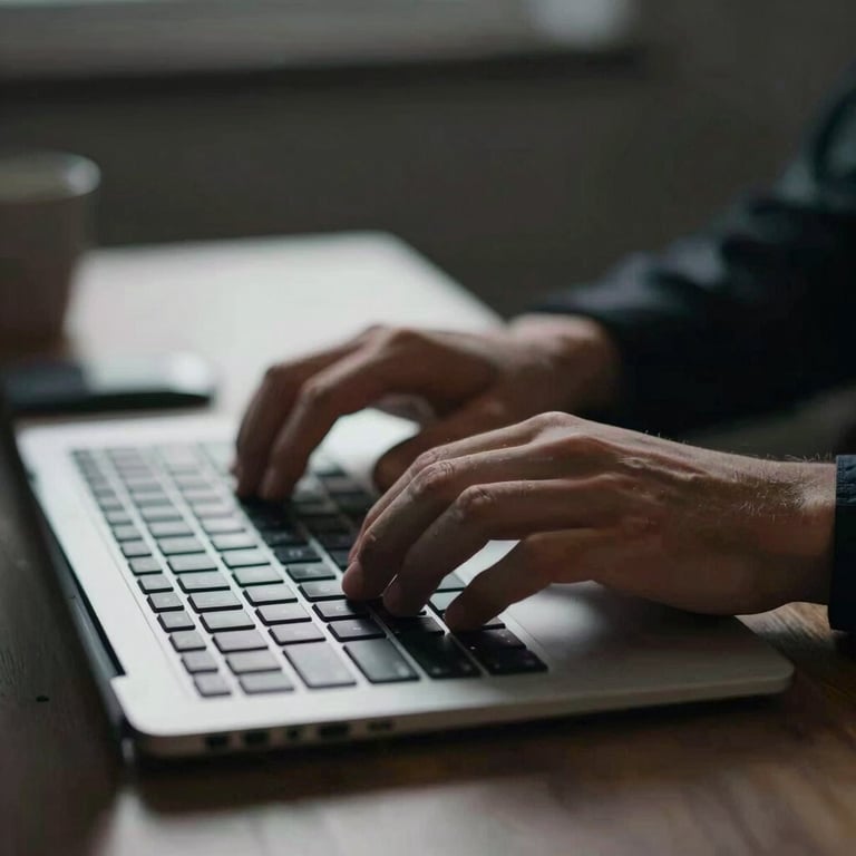 A person's hands typing efficiently on a backlit keyboard in a dimly lit, professional setting.
