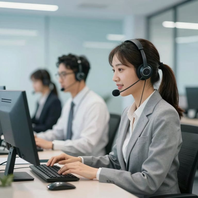 Professional customer support agents working in a modern, brightly lit office with sophisticated #F0F4F8 walls.