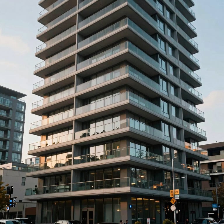 A wide shot of a sleek modern apartment exterior with large glass balconies in a North American urban district.