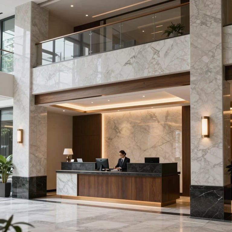 A sophisticated lobby entrance featuring clean architectural lines, marble accents, and a professional reception desk.