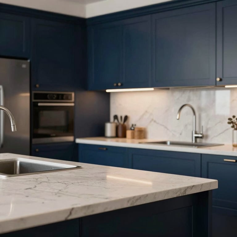 A clean, professional photograph of a contemporary kitchen with stone countertops and navy blue cabinetry.