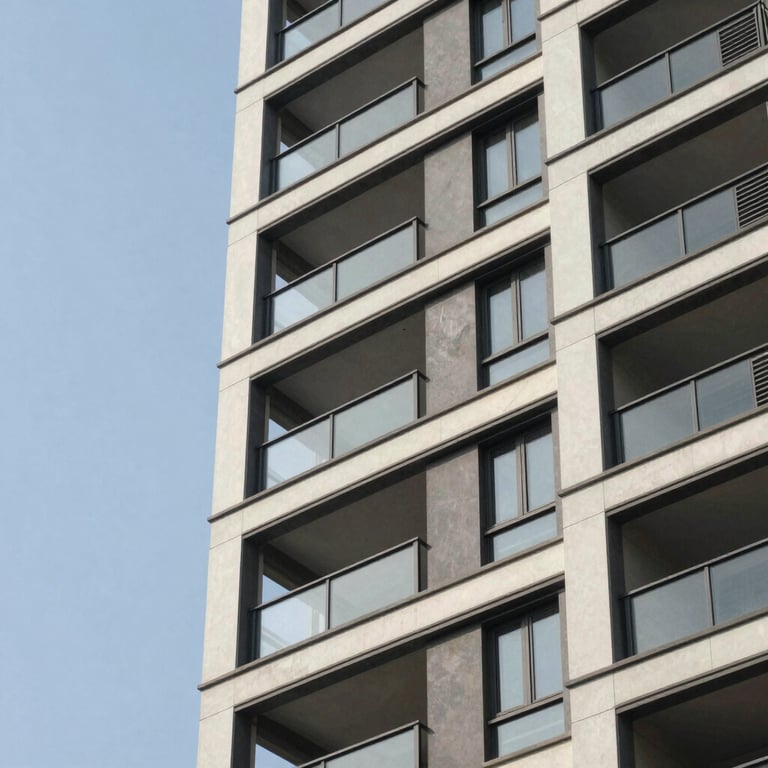 A close-up shot of architectural details on a modern residential building facade under a clear sky.
