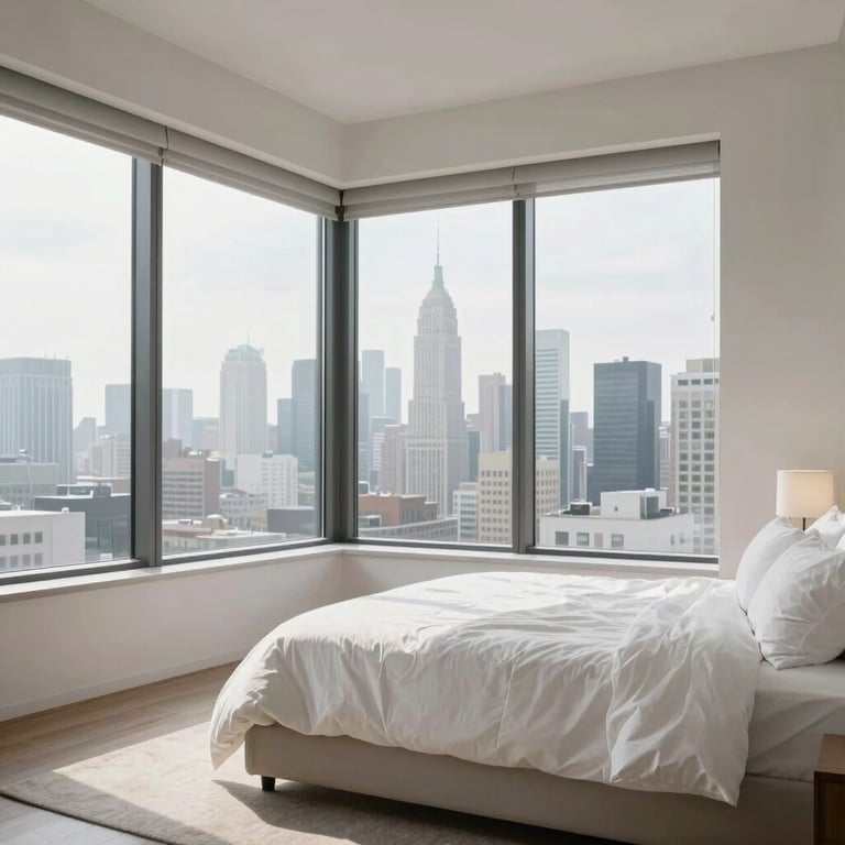 A bright and airy bedroom with high-end linens and large windows overlooking a city skyline, minimalist style.