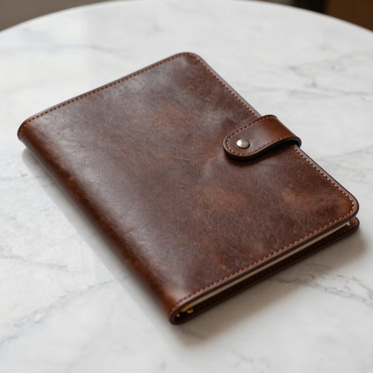 Detail of a professional leather portfolio on a cloud-white marble table, suggesting executive administrative support.