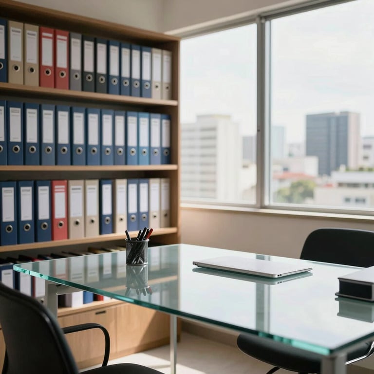 Bright and airy workspace with a view of a city like São Paulo, featuring organized archives and a clear glass desk.