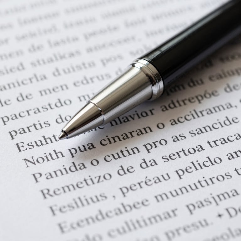 Macro shot of a high-end black and silver pen resting on a perfectly aligned document with South American Portuguese text.