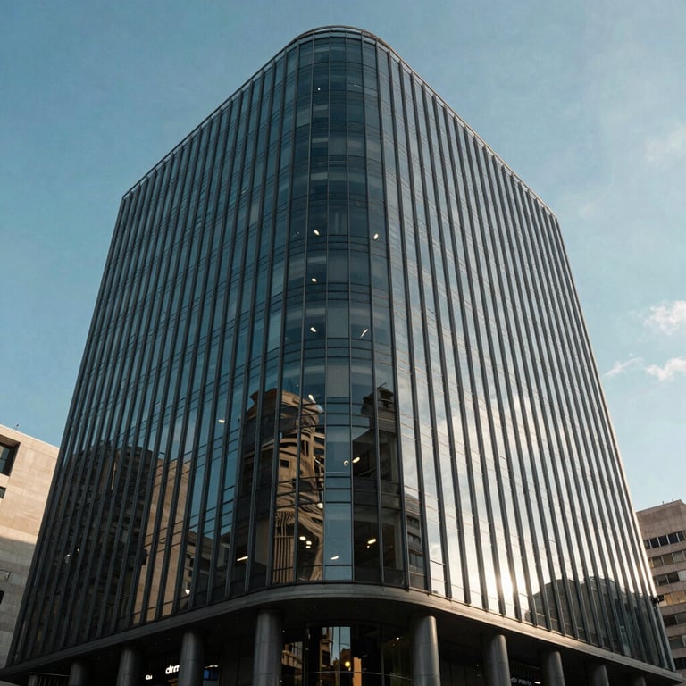 Portrait of a modern glass office building lobby in South America, reflecting a clear blue sky, conveying trust and stability.