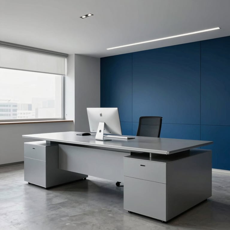 Minimalist modern office interior in Brazil with silver-grey furniture and deep blue accents, very professional.
