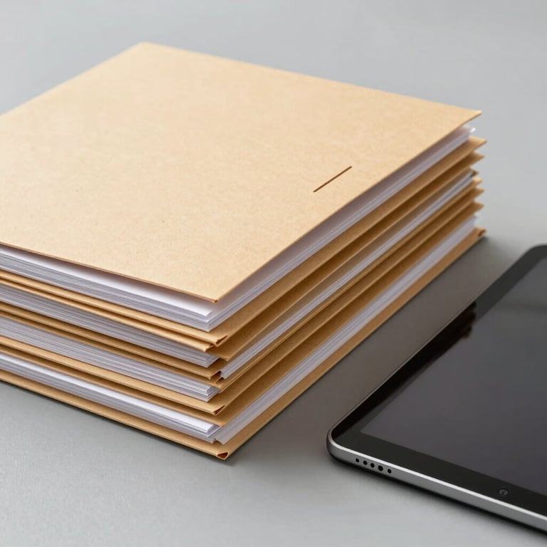 A stack of neatly organized manila folders and a modern digital tablet on a clean grey surface.