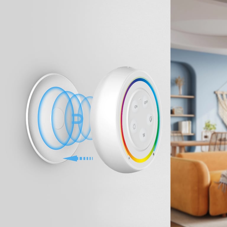 Mando con soporte de pared magnético y control total de efectos.