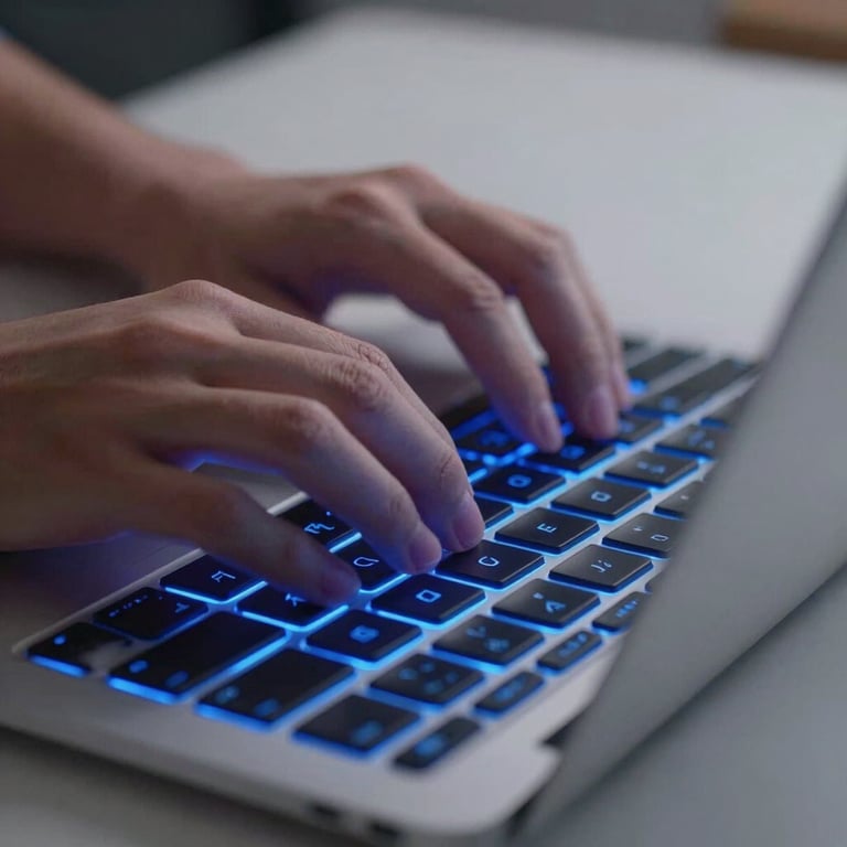 Close-up of hands typing on a modern keyboard with glowing royal blue backlighting on a pale mist white desk.