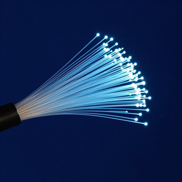 Macro shot of high-speed fiber optic cables glowing with soft sky blue light against a deep navy blue background.