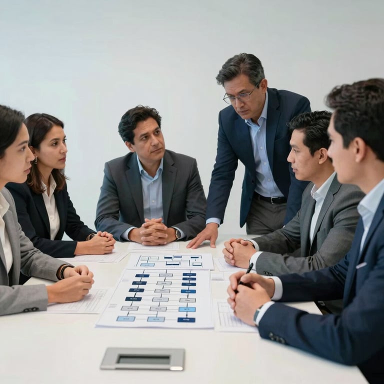 A group of South American / Venezuelan tech experts in a boardroom discussing system architecture, wearing professional attire in a pale mist white setting.