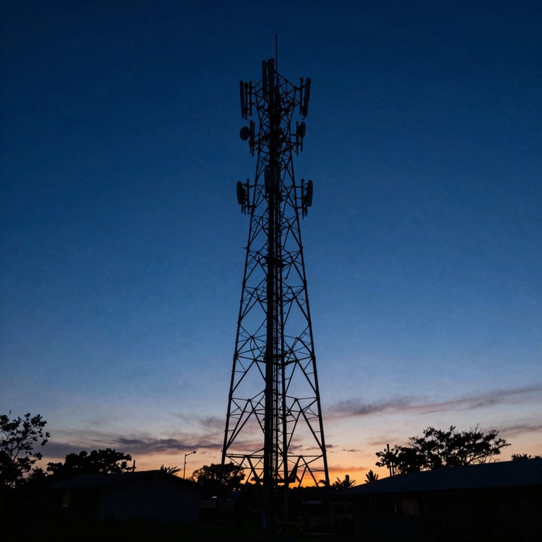 Telecommunications tower silhouette against a deep navy blue and royal blue sunset in a South American / Venezuelan landscape.