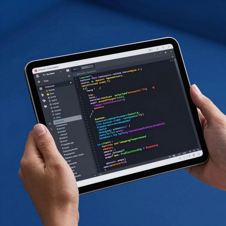 A handheld tablet displaying a complex software code interface, held by a developer in a modern royal blue environment.