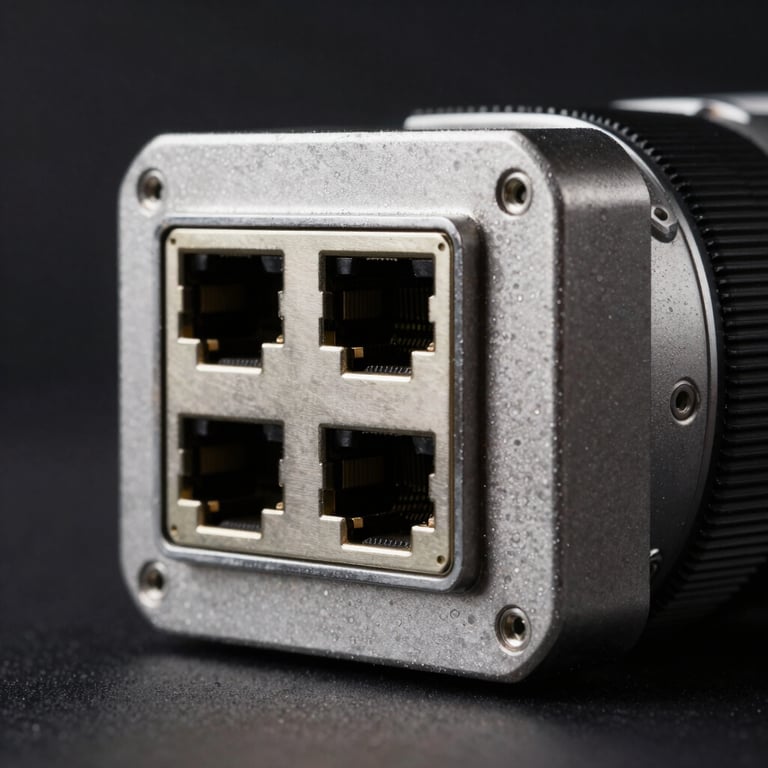 Macro studio photograph of the rear ports of the B1 Node, dual ethernet and USB-C power input, sharp focus on industrial metal chassis, stark dramatic lighting.