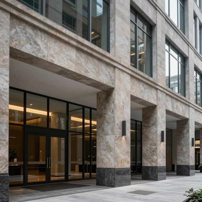 An architectural detail of a secure and modern office building lobby in North America featuring polished stone and glass.