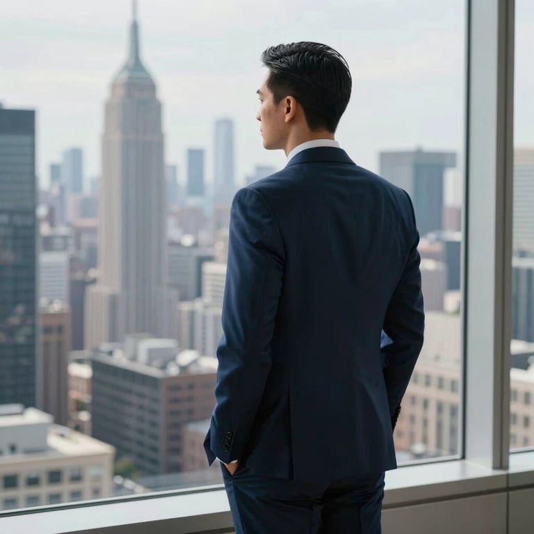A financial advisor in a tailored navy suit looking out of a high-rise office window at a major US city skyline.