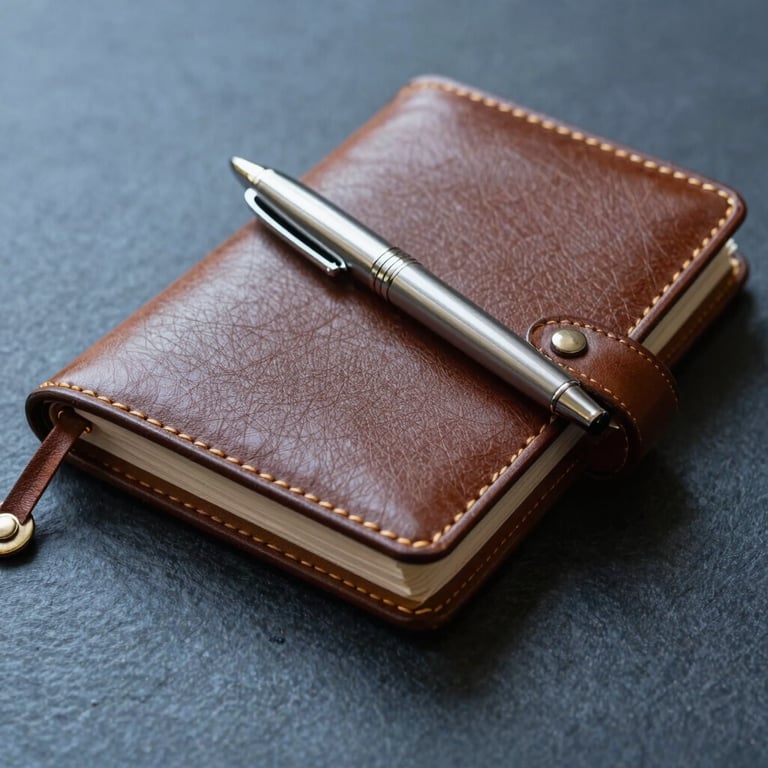 Macro shot of a high-quality leather planner and a silver pen resting on a dark slate blue surface.