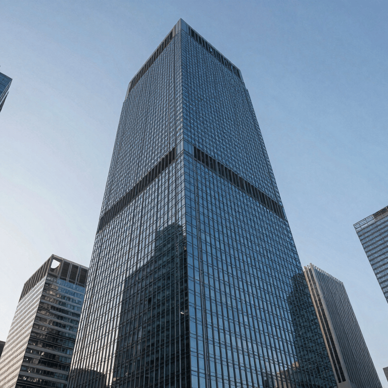 A minimalist corporate office lobby with large windows and cloud white walls, very bright and professional.
