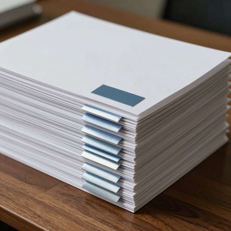 A stack of neatly organized white folders with subtle soft steel blue labels on a wooden desk.