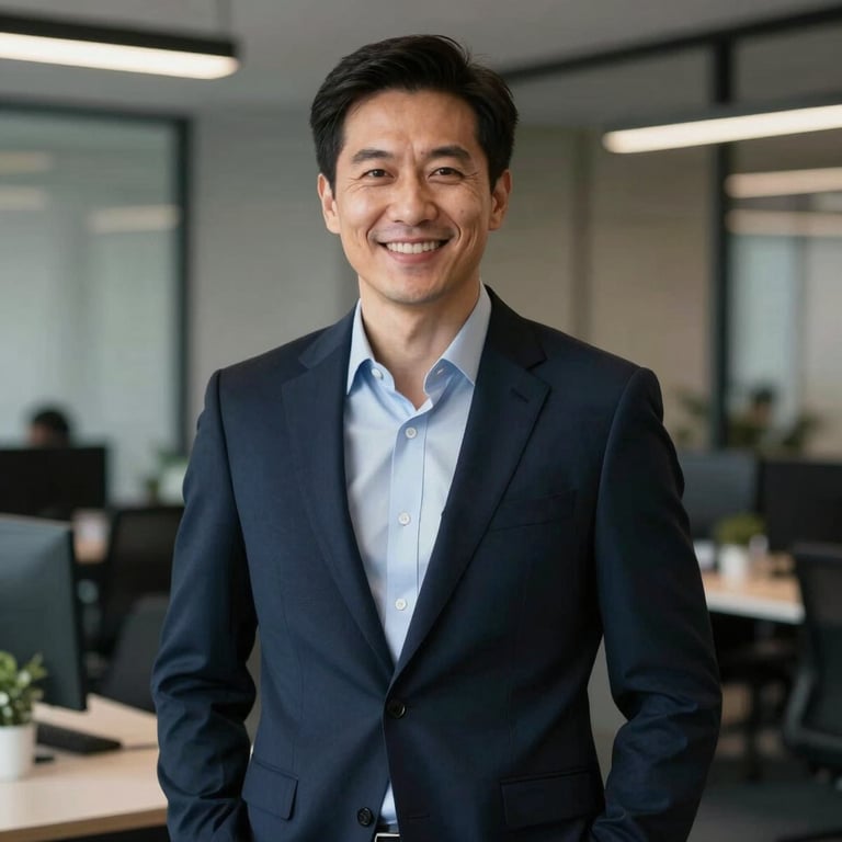 A portrait of a confident financial advisor in a deep midnight navy suit, smiling in a blurred office background.