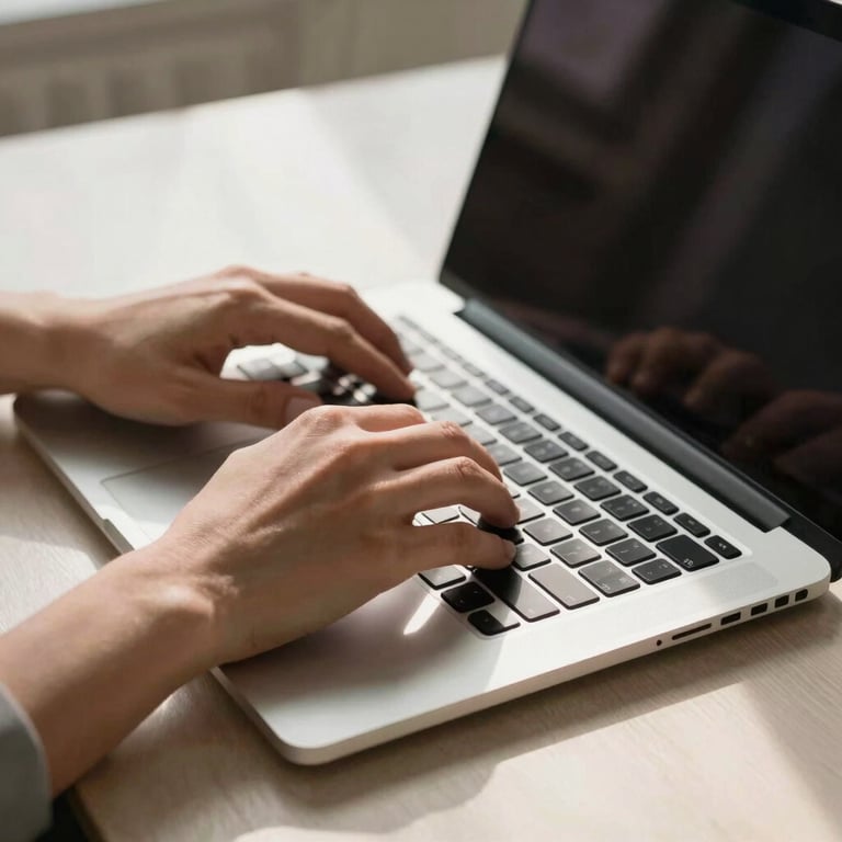 A pair of hands professionally typing on a modern, thin laptop keyboard in a sunlit workspace.
