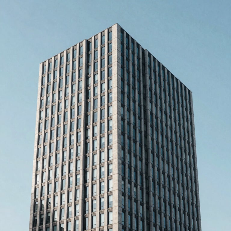 The sharp, clean architectural lines of a modern business building against a clear, soft steel blue sky.