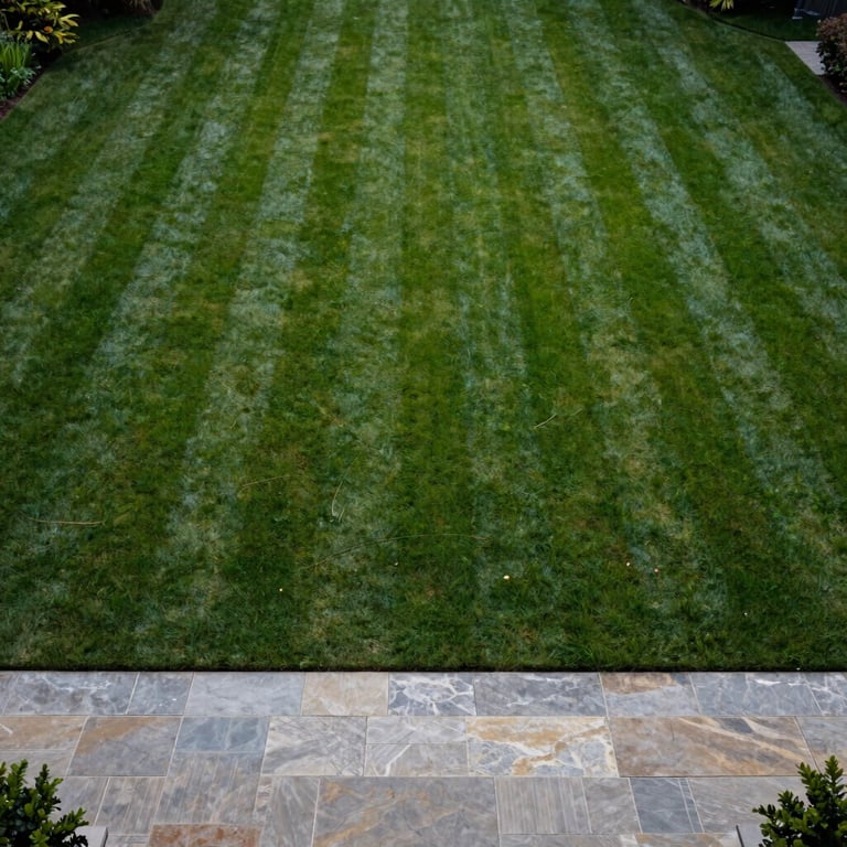 An overhead view of a lush, deep green lawn with perfectly straight professional mowing lines surrounding a luxury stone patio.